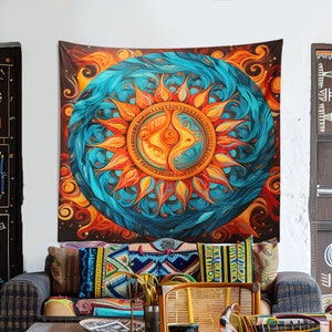 Sacred Mandala Tapestry,Psychedelic Wall Hanging,Spiritual Visionary Wall Art,Burning Sun Tapestry,Boho Aesthetic,Trippy Vintage Wall Decor