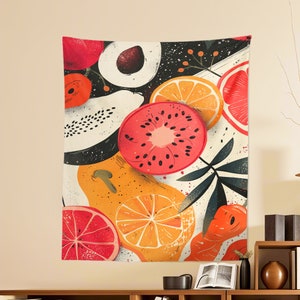 Custom Name Tapestry with Fruit Pattern, Orange Pitaya Avocado Wall Decor,Cute Kids Room Nursery Decor,Outdoor Party Picnic Decor Baby Gift