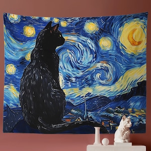 ゴッホスタイルの星空の夜のタペストリー、面白い黒猫の壁掛け、サイケデリックなヒッピーの油絵の壁アート、夫へのパーソナライズされたギフト