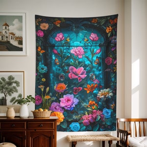 Retro 3D Floral Tapestry,Oil Painting Tapestry,Blue Tapestry,Wall Hanging,Pink Floral Wall Decor,Home Decoration Gift