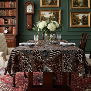 Könnte beinhalten: Ein Esstisch mit einer gemusterten Tischdecke mit Tiermotiven in Braun, Schwarz und Weiß. Der Tisch ist mit Tellern, Gläsern und einer Vase mit weißen Blumen gedeckt. Der Raum hat einen klassischen, eleganten Stil.