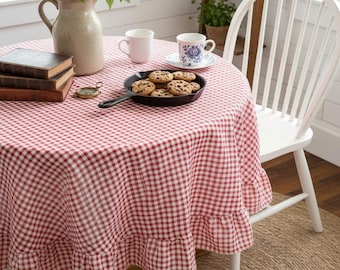 Farmhouse Gingham Tablecloth with Ruffle, Cottage Style Dining Table Cover