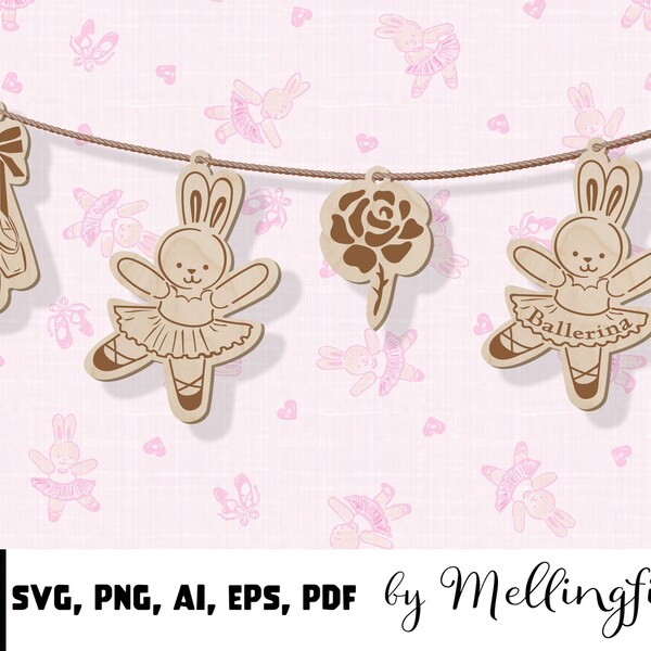 SVG | Baby Girl Nursery Garland. Ballerina Bunnies wear tutus and point shoes. Create a hand-made Baby shower gift. Instantly download art.