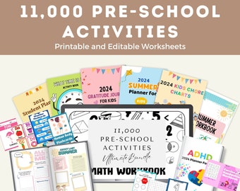 Pre-School Kindergarten Worksheets Activies Coloring Math Flash Card Cursive Printable and Editable in Canva with MRR and PLR