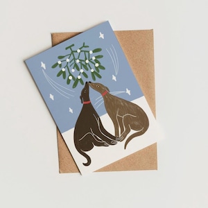 Cartão de Natal Whippet, Matilha, Galgo, Galgo, Cachorro, Feriado, Visco, Inverno, Moderno, Contemporâneo, Divertido, Arte, Design, Ilustração.
