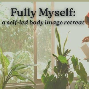 May include: Image with text that reads "Fully Myself: a self-led body image retreat." A person is watering plants by a window. The plants are green and lush. The person is wearing a denim jacket and a patterned headscarf.