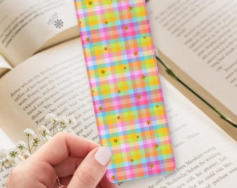 Rainbow Plaid Bookmark / Pastel Gingham and Gold Stars Design / Colorful Reading Gift for Book Lovers