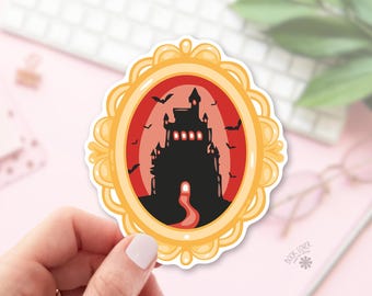 Vampire Sticker / Haunted Castle Gothic Frame Decal / Halloween Bat Art / Spooky Reader Gift