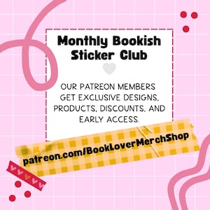 The image is a promotional poster for a Monthly Bookish Sticker Club, featuring a pink and white checkered background with text and a web address.