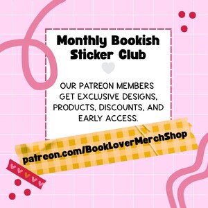The image is a promotional poster for a Monthly Bookish Sticker Club, featuring a pink and white checkered background with text and a web address.