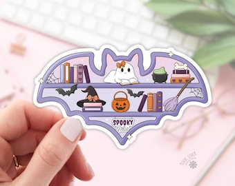Gruseliges Mädchen Bücherregal Aufkleber / Halloween Aufkleber / Buch Liebhaber Geschenk / Geist Bücherwurm Merch / Kindle Aufkleber / Leseliebhaber