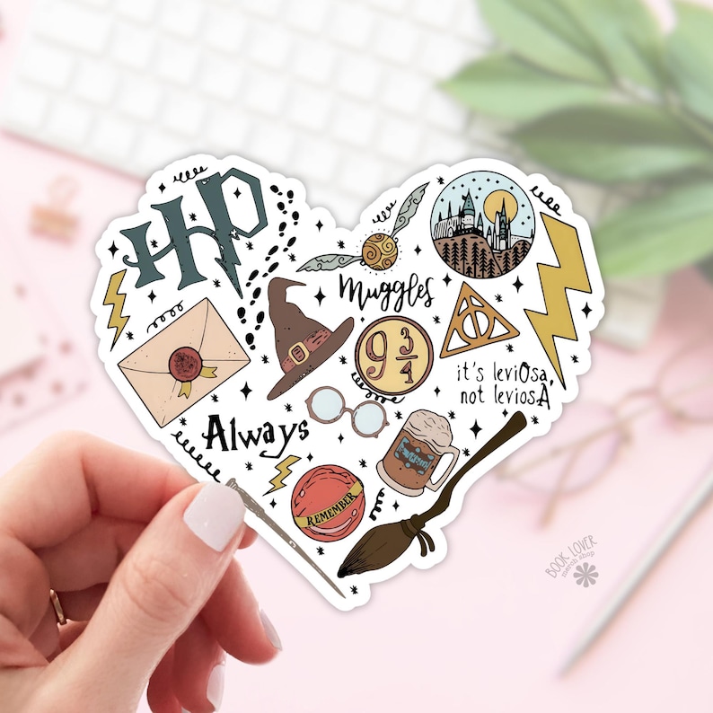 Pegatinas de corazón de magos mágicos / Pegatinas de Harry Potter / Regalo para amantes de los libros / Merchandising literario / Pegatina para Kindle / Lector HP / Amante de la lectura imagen 1