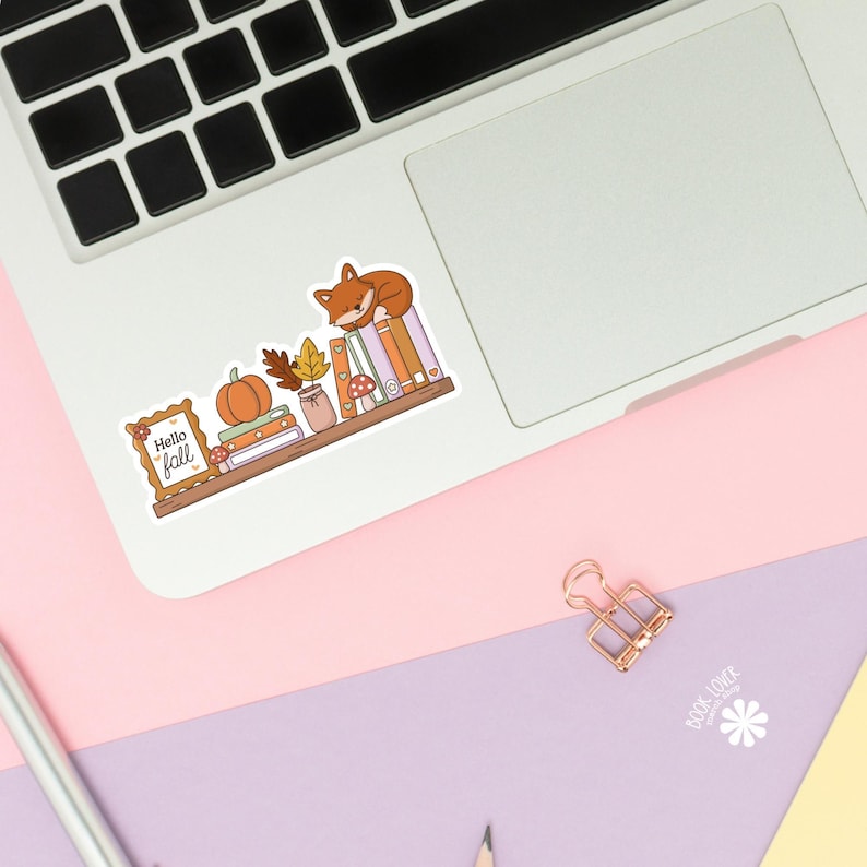 Hello Fall Bookshelf Stickers / Cozy Autumn Bookish Stickers / Book Lover Gift / Bookish Merch / Kindle Reading Lover / Cute Fox image 2