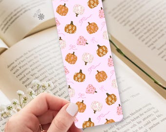 Floral Pumpkin Bookmark / Coquette Pink Bows Autumn Design / Cozy Fall Gift for Book Lovers