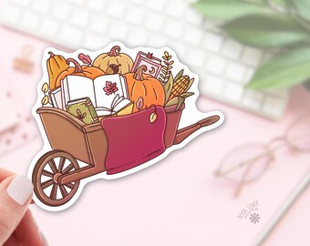 Fall Books Wheelbarrow Sticker / Autumn Bookish Sticker / Cozy Fall Reading / Pumpkin Book Lover / Cottagecore Autumn / Bookworm / Kindle