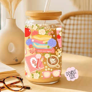 Teach Love Inspire 16 OZ glasburk med lock och sugrör / Boklärarmugg / Bokälskargåva / Bokrelaterade merchandise / UV DTF Libbey Wrap Transfert