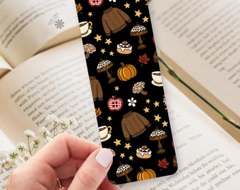 Dark Cozy Fall Bookmark / Sweaters Coffee and Mushrooms Design / Autumn Gift for Book Lovers