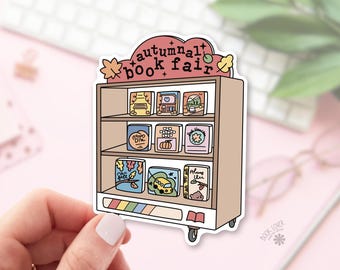 Book Sticker / Autumn Bookish Decal / Rolling Library Cart Pastel Covers / Cozy Reading Nook Art