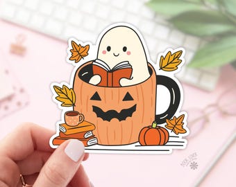 Pegatinas para taza con fantasmas leyendo en una calabaza / Pegatinas para amantes de los libros / Regalos para amantes de los libros / Merchandising para amantes de los libros / Pegatinas para Kindle / Lectores de obscenidades / Amantes de la lectura
