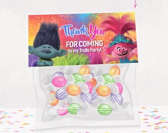 Topper de sac de friandises Trolls Band Together téléchargement immédiat - Sac d'étiquettes de décorations d'anniversaire à thème trolls imprimable