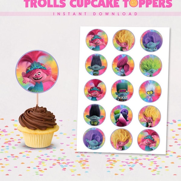 Trolls Band Together cupcake toppers and stickers instant download - Printable Trolls theme birthday decorations round labels