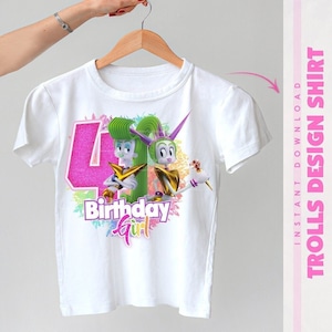 Velvet & Veneer Trolls Shirt 4th Birthday PNG for Sublimation, Iron-On Transfer, DTF, DIY Trolls Birthday Party Shirt - Instant Download