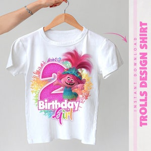 Trolls Poppy 2nd Birthday Girl Shirt, Printable PNG for Sublimation, Iron-On Transfer, DTF, DIY Instant Download, Trolls Birthday Party