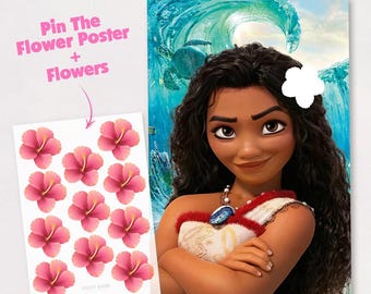 Pin the Flower on Moana Game, Printable Birthday Party Poster, Moana Party Activity for Kids | Instant Download