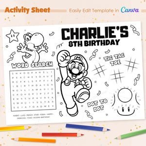 Super Mario Activity Sheet, Editable Birthday Coloring Placemat, Printable Party Game for Kids – Instant Download