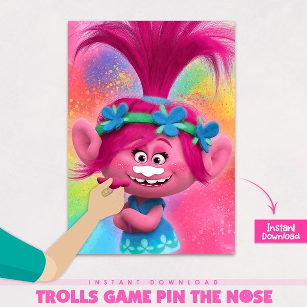 Pin the nose on the trolls poppy, Trolls band together birthday party games, Trolls 3 poster pin the nose, trolls print - Instant Download
