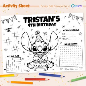 Stitch Birthday Coloring Page, Personalized Party Activity Sheet, Cute Stitch Printable for Kids, Custom Party Favor – Instant Download