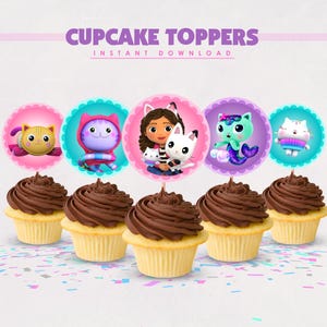 Adornos imprimibles para cupcakes de la casa de muñecas Gabby - Decoraciones y etiquetas para fiestas - Descarga instantánea para cumpleaños de la casa de muñecas Gabby
