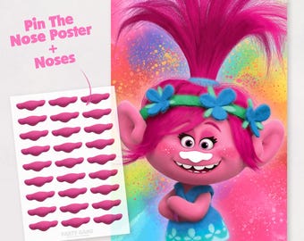 Pin the Nose on Poppy Trolls Band Together, Printable Birthday Party Games for Kids - Instant Download