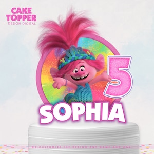 Decorazione per torta Poppy Trolls, decorazione per festa di compleanno Trolls, articoli per feste Trolls Band Together, nome e età personalizzabili Trolls - Design Digital
