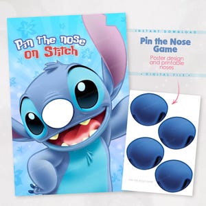Gioco stampabile "Attacca il naso a Stitch", attività per feste di compleanno di Lilo e Stitch per bambini - Gioco per feste scaricabile digitalmente