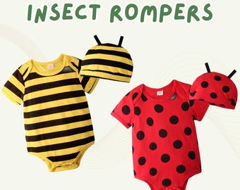 Bumble Bee / Ladybug Rompers with Hat for infants toddlers gender neutral baby bodysuits birthday gift Halloween costume