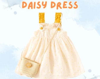 Vestido margarida com alça de bolsa de palha design primavera verão vestido branco e amarelo para crianças meninas vestido flor presente de aniversário