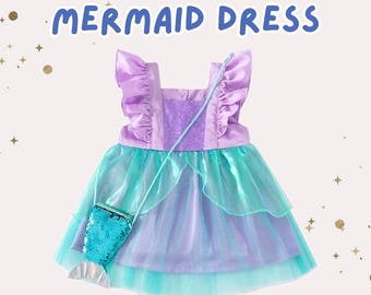Mermaid Dress with Mermaid Tail Purse Disney Princess Dress Little Mermaid toddlers girls purple and green Birthday Gift Princess Costume