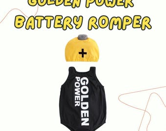 Golden Power Battery Romper with Hat for infants toddlers gender neutral baby bodysuits birthday gift Halloween costume baby romper