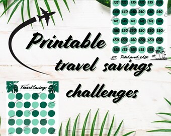 Könnte beinhalten: Druckbarer Reise-Spar-Challenge mit grünem tropischem Blattdesign. Die Challenge beinhaltet ein Raster mit Kreisen, um Sparziele von 35 €, 40 €, 45 €, 50 € und 55 € zu verfolgen. Die Gesamtsumme, die gespart wurde, beträgt 1.650 €.