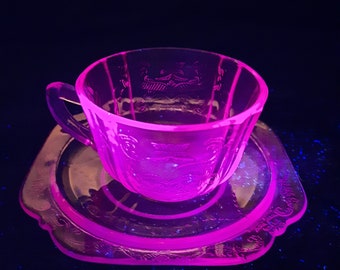 Pink selenium depression Madrid teacup and saucer set