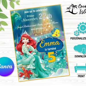 Modèle 2 d'Invitation d'anniversaire de petite sirène, Invitation princesse Ariel, fête d'invitation imprimable modifiable sur toile, téléchargement immédiat
