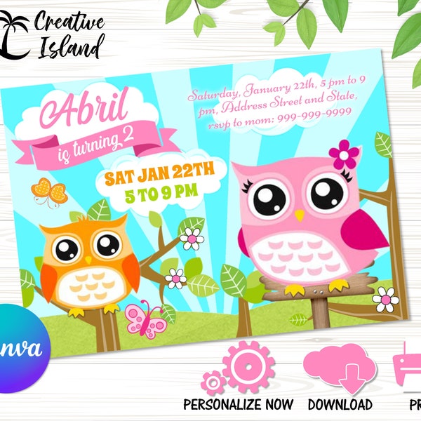 Owls Birthday Invitation Template for Girls, DIY Canva Editable Invitation, Instant Download Invite, Printable Party Invitation Card