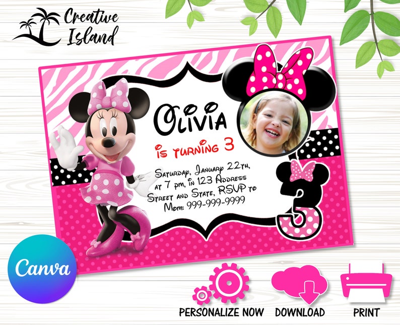 Minnie Mouse Birthday Invitation Template: Pink DIY Canva Invite ...