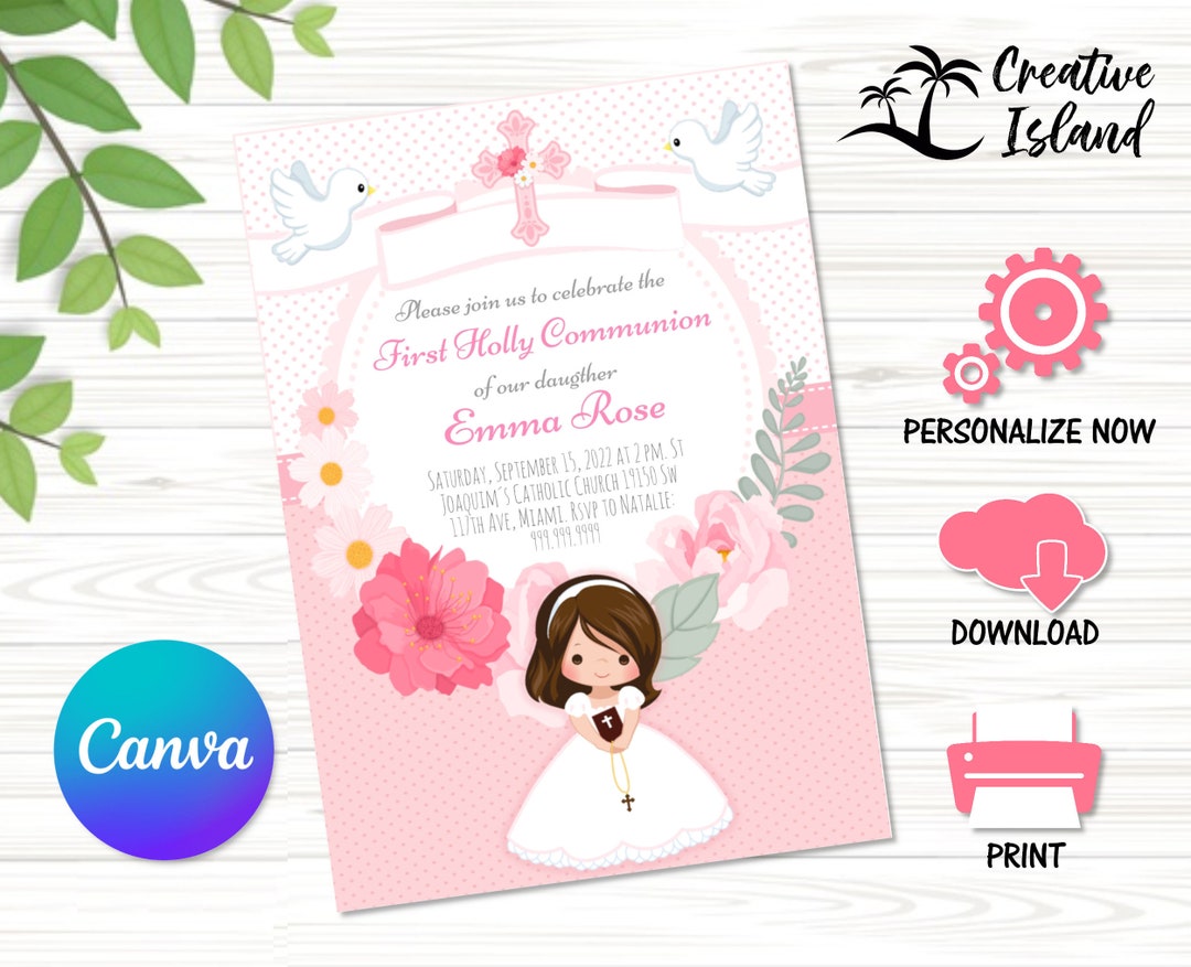 First Communion Invitation Template in Pink for Girls, Canva Editable ...