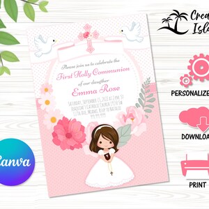 Erstkommunion Einladung Vorlage in Pink für Mädchen, Canva bearbeitbare Einladung, sofortiger Download einladen, druckbare Partykarte