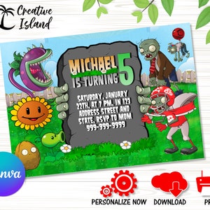 Plantilla de invitación de cumpleaños de Plants vs Zombies, Invitación editable DIY Canva, Invitación de descarga instantánea, Tarjeta de invitación de fiesta imprimible