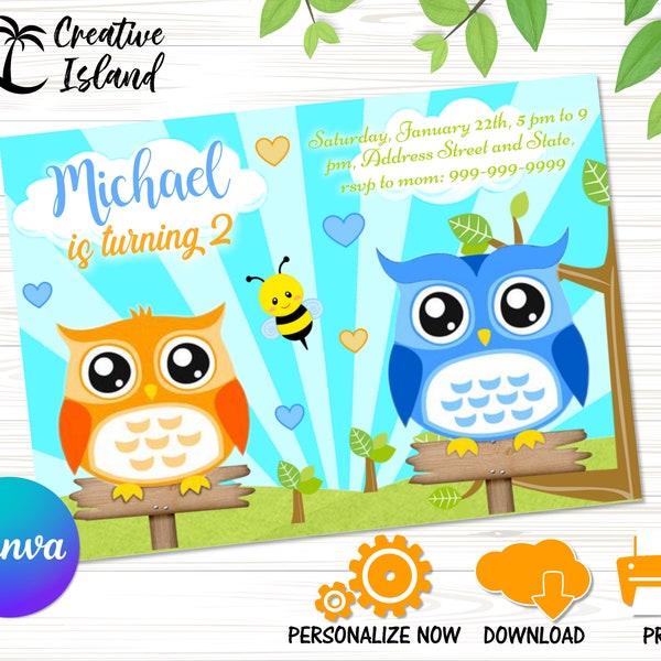 Owls Birthday Invitation Template for Boys, DIY Canva Editable Invitation, Instant Download Invite, Printable Party Invitation Card
