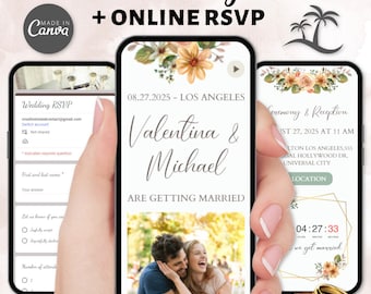 May include: A mockup of a wedding website on a smartphone screen. The website features a floral design with a countdown timer, the couple's names "Valentina & Michael", and the date and location of the wedding. The text "08.27.2025 - LOS ANGELES" and "ARE GETTING MARRIED" are also displayed.
