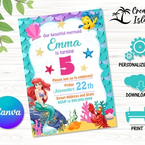 Modèle d'invitation d'anniversaire petite sirène 1, invitation princesse Ariel, fête d'invitation imprimable éditable sur toile, téléchargement immédiat